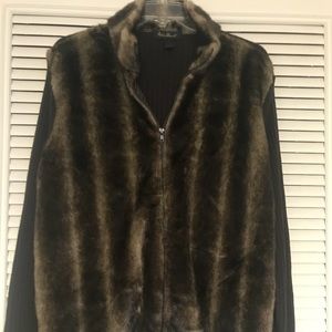Brown faux fur jacket with knit sleeve and back.